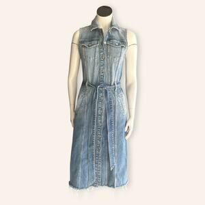 7 For All Mankind Denim Button Up Midi Dress XS Sleeveless Belted Frayed Hem